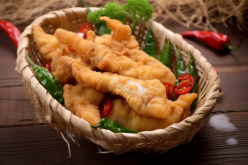 竹篮子里的油炸黄金酥肉小尖椒装饰,高清,摄影图,摄影图片,图片大全,摄影图免费下载